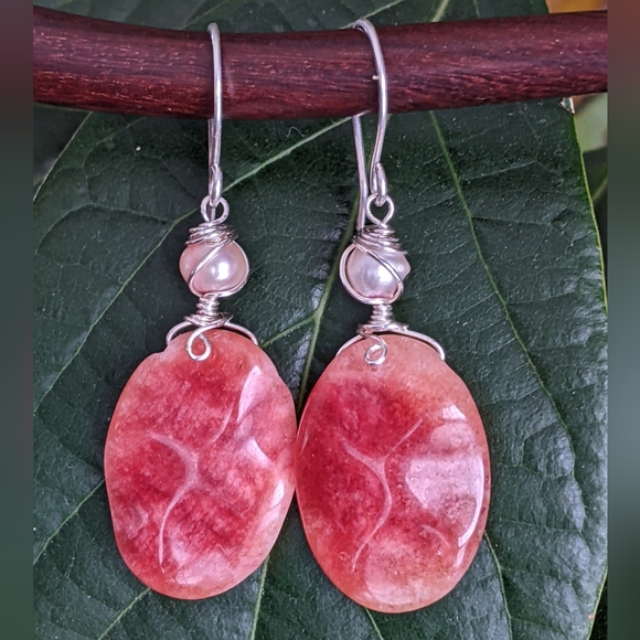 Strawberry Rhodochrosite Earrings Handmade In Pure Sterling Silver With Pearls - Picture 2 of 16